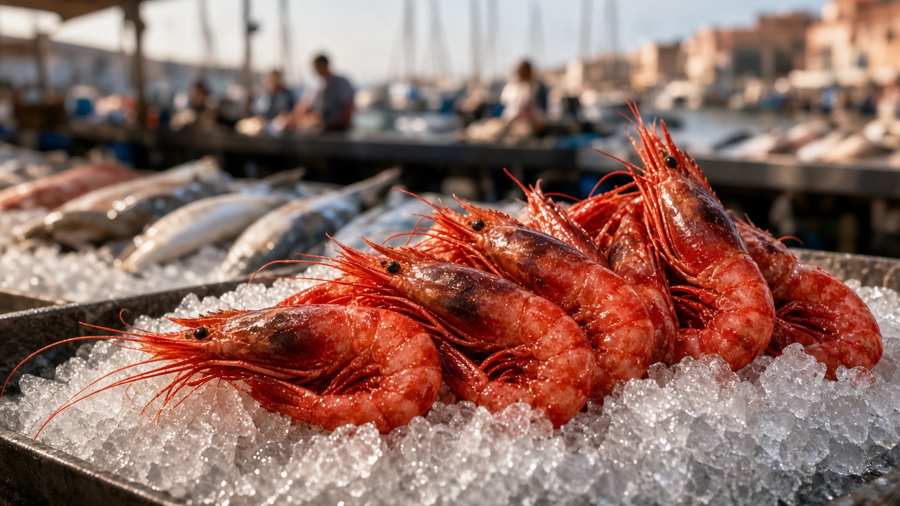 Rote Garnelen auf dem Fischmarkt von D&eacute;nia