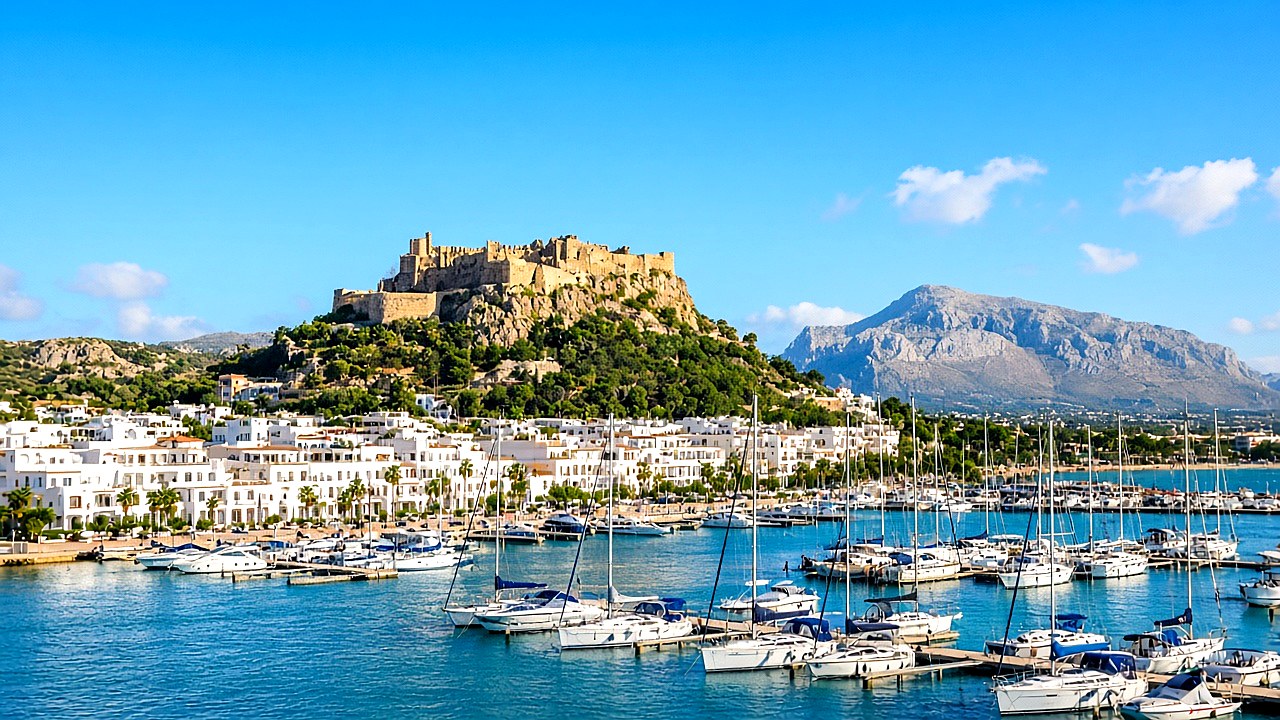 Sonniger Hafen, Burg und t&uuml;rkisfarbenes Meer in D&eacute;nia